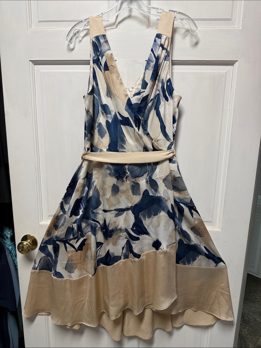 DKNY Beige and Navy Floral High-Low V-Neck Dress